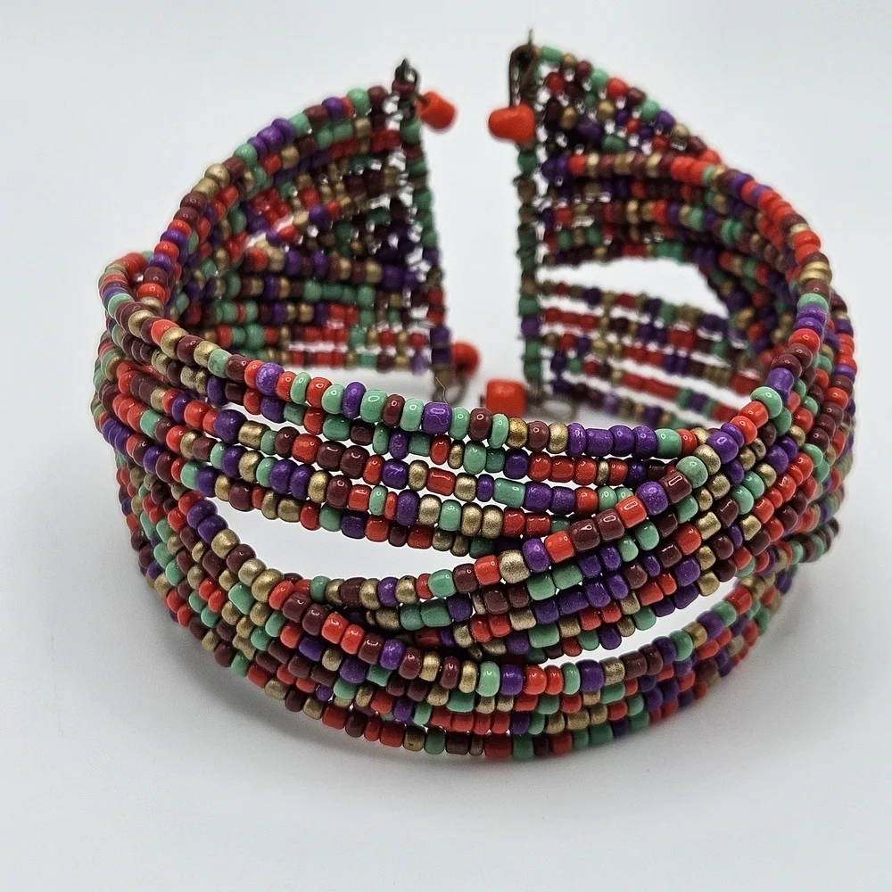 VINTAGE Woven Braided Multicolor Glass Seed Bead Boho Memory Wire Cuff Bracelet